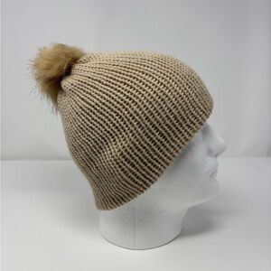 Beige Knit Beanie with Removable Pom Pom